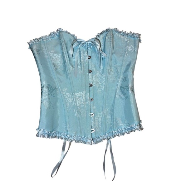 Tops - Light Blue Floral Jacquard‎ Corset Top Ruffle Trim Garter Straps Small J0339